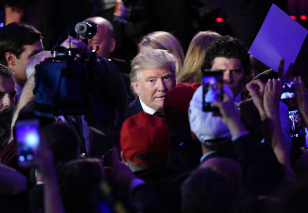 O presidente eleito Donald Trump na festa de comemorao pela vitria, em Nova York