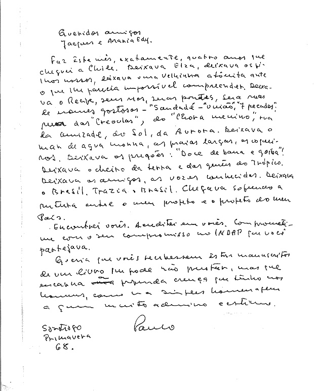 Fac-símile de carta escrita por Paulo Freire quando deu ao amigo Jacques Chonchol o manuscrito de "Pedagogia do Oprimido"