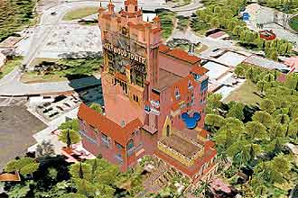 Hollywood Tower Hotels, atração do parque Hollywood Studios, em versão em três dimensões no visualizador Google Earth