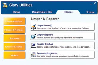 Limpar & Reparar, um dos módulos do software Glary Utilities; é recomendável fazer back-up de arquivos importantes antes de usar o programa