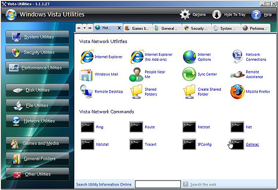 Vista Utilities agrupa menus e pastas em menus organizados e separados em categorias