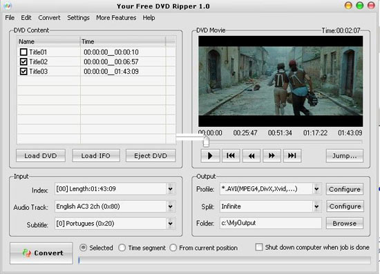 Your Free DVD Ripper permite fazer a extrao de apenas uma parte do vdeo e escolher o idioma