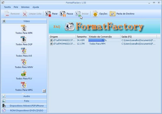 Tela do programa Format Factory, que permite a conversão de arquivos em áudio, vídeo e imagem