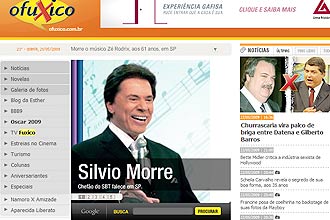 Página do site "O Fuxico", invadida por piratas virtuais, com a morte Silvio Santos
