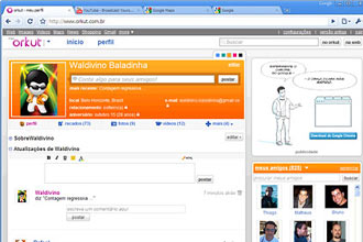 Tela da rede social Orkut exibida como demonstração de uso do navegador Chrome, do Google, com opção de personalizar cores