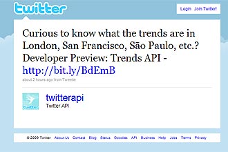 O Twitter anunciou em seu perfil TwitterAPI que desenvolve sistema para organizar os tópicos mais frequentes por cidades, como SP