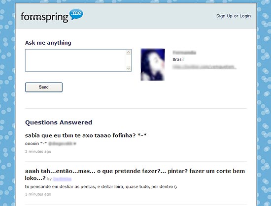 Reproduo do site FormSpring.me, cujo objetivo  responder a perguntas annimas feitas por internautas