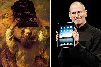 *Saga bíblica:* Steve Jobs, o líder da Apple (à direita), ergue a tábua digital iPad, apresentada nesta quarta, nos EUA, pela Apple
