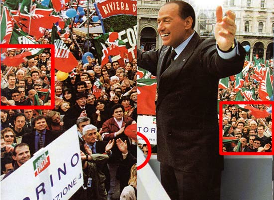 Extremidades esquerda e direita de foto de evento de partido de Berlusconi mostram multido duplicada
