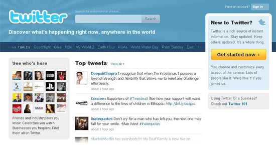Nova homepage do Twitter, com um fluxo de mensagens dos usuários em destaque, além de indicações de perfis