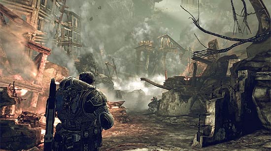 Tela do jogo Gear of War 2, comercializado oficialmente pela Microsoft no país para o Xbox 360