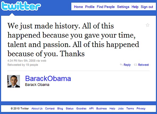 Tute do perfil oficial do presidente Barack Obama, quando ele foi eleito nos EUA no final de 2008