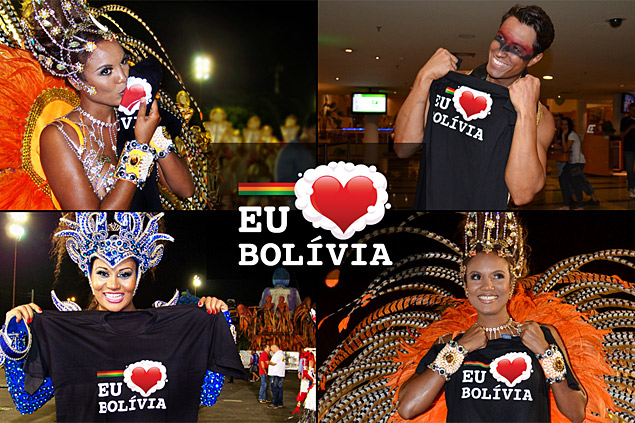 La campaa "Eu Amo Bolvia [Yo amo Bolivia]", presente en el sambdromo de Anhembi, en el Carnaval 2012-2013