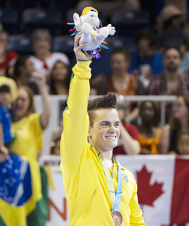 Caio Souza of Brazil waves to the crowd after winning bronze on the vault at the Pan American Games 