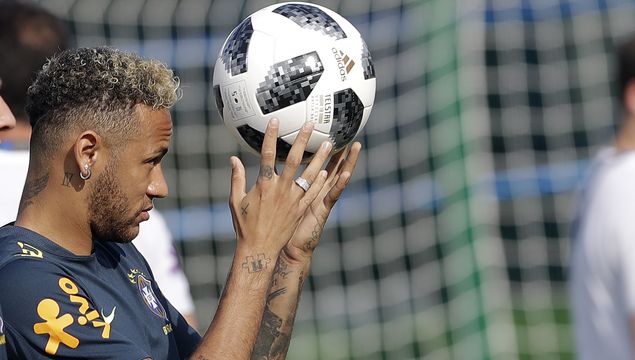 Brazil's Neymar holds the ball during a training session, in Sochi, Russia