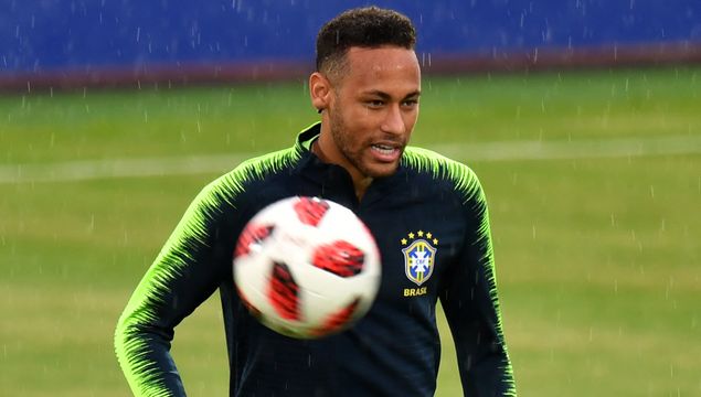 TOPSHOT - Brazil's forward Neymar attends a training session at the Tsentralny Stadium in Kazan 