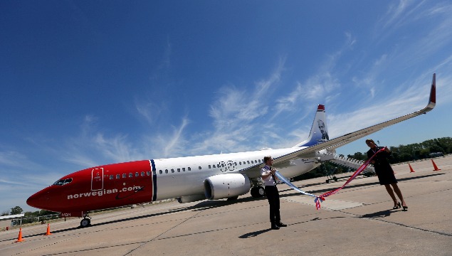 A Norwegian Air Boeing 737-800 is seen during the presentation of Norwegian Air first low cost transatlantic flight service from Argentina at Ezeiza airport in Buenos Aires, Argentina