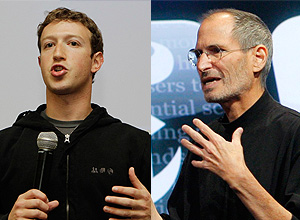 Steve Jobs (dir.), fundador e executivo-chefe da Apple, convidou o fundador do Facebook, Mark Zuckerberg (esq.), para jantar em sua casa