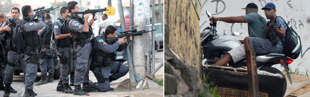 Policiais fortemente armados cercam traficantes em favela do Rio; bandidos tentam fugir em moto da ao da polcia