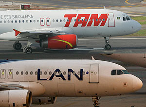Aviões da TAM e da Lan, cuja fusão foi aceita pelo Cade