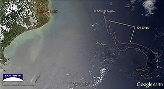 Imagem de satélite mostra a mancha de petróleo na bacia de Campos
