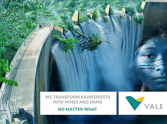 Imagem no site do "Public Eye Awards" sobre a Vale, que diz: "Nós transformamos florestas tropicais em minas e represas, custe o que custar"