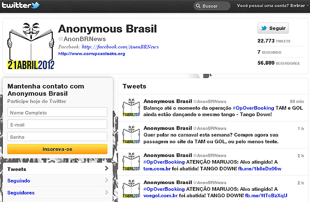 Twitter do grupo hacker Anonymous Brasil, que reivindica ataques aos sites das companhias aéreas TAM e Gol