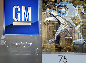 Fotomontagem com os logos da GM e da Peugeot Citroen