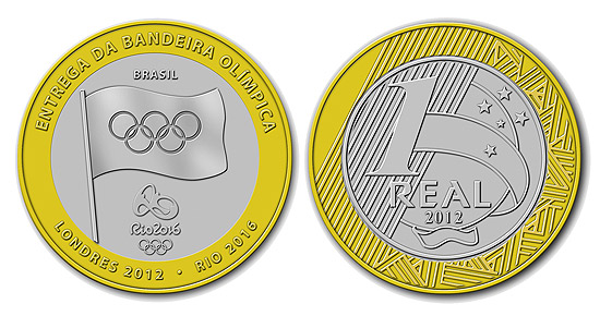 Moedas de R$ 1, que serão cunhadas com o símbolo da bandeira olímpica e a logomarca brasileira