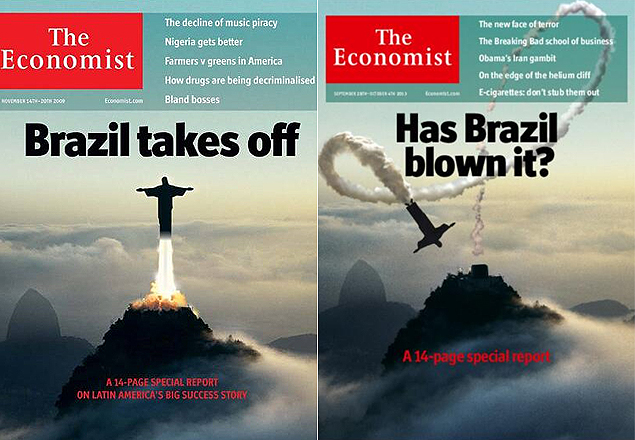 Capas da revista 'The Economist' em 2009 e em outubro de 2013; Enquanto antes dizia que Brasil iria decolar, sentimento hoje é de pessimismo