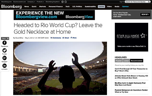 Reportagem da agncia Bloomberg recomenda a estrangeiros que deixem joias em casa se vierem ao Brasil para a Copa