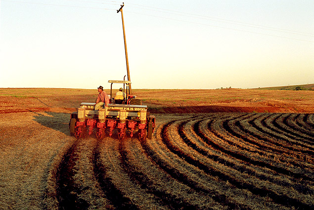 Agricultores aram a terra para plantio direto em lavoura de milho no norte do Paran 