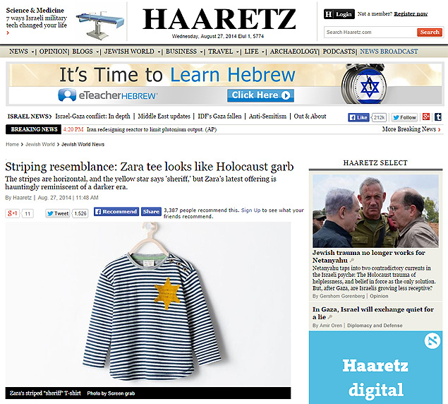 O site do jornal israelense "Haaretz" exige pea de roupa criticada por semelhana com uniformes usados por judeus em campos de concentrao