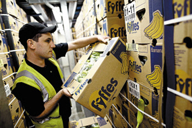 Funcionrio seleciona caixa de bananas da Fyffes para controle de qualidade no Reino Unido