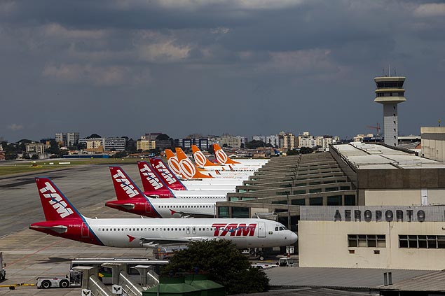 Avies da TAM e da Gol estacionados no aeroporto de Congonhas; cada uma delas tm participao de 44% nos horrios dos aeroportos