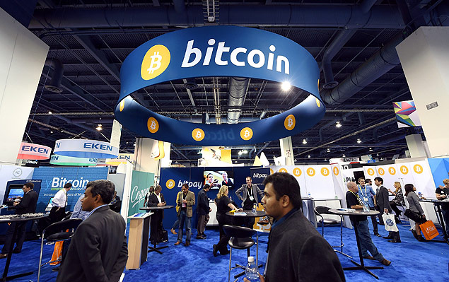 Estande de bitcoins na CES, feira em Las Vegas