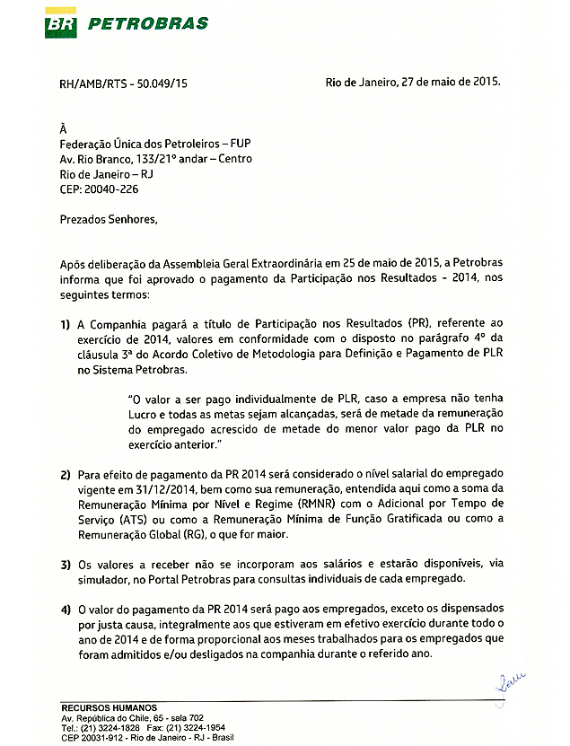 Trecho de documento da Petrobras enviado  FUP