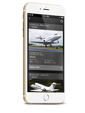 Tela do app da Jetsmarter, que permite agendar viagens de jatinhos pelo celular
