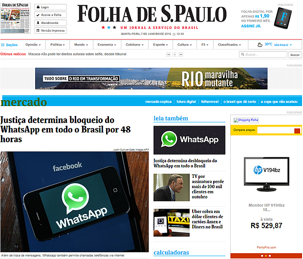 Reportagem sobre bloqueio do WhatsApp no Brasil impulsionou audincia do site da Folha