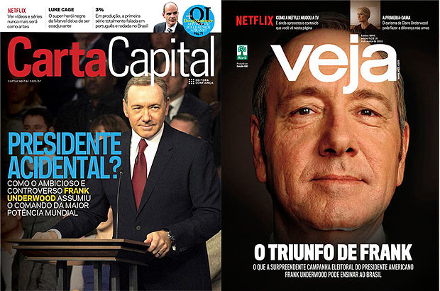 Capas da revista "Carta Capital" e da revista "Veja" sobre a serie da Netflix, House of Cards