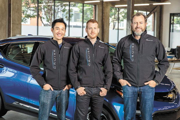 In an undated handout photo, Dan Ammann, right, president of General Motors, with the co-founders of Cruise Automation, Kyle Vogt, center, and Daniel Kan. General Motors said on March 11, 2016, that it was acquiring the software firm Cruise Automation as part of its larger effort to develop fully autonomous vehicles. (General Motors via The New York Times) -- NO SALES; FOR EDITORIAL USE ONLY WITH GM CRUISE ACQUISITION BY BILL VLASIC and MIKE ISAAC FOR MARCH 11, 2016. ALL OTHER USE PROHIBITED.