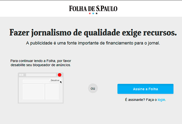 Folha deixou de exibir o contedo de seu site a visitantes que navegam com bloqueadores de anncios
