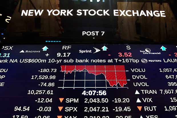 NEW YORK, NY - MAY 17: A board on the floor of the New York Stock Exchange (NYSE) displays a fall in the market on Tuesday afternoon on May 17, 2016 in New York, New York. Expectations for higher interest rates this year resulted in a sharp sell off in stocks with the Dow Jones Industrial Average falling 181 points, or 1%, to 17530. Spencer Platt/Getty Images/AFP == FOR NEWSPAPERS, INTERNET, TELCOS & TELEVISION USE ONLY ==