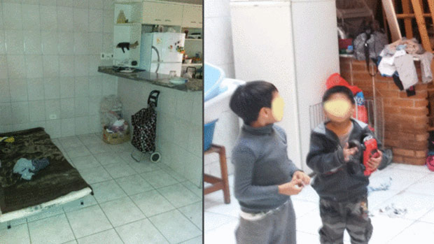 Cama improvisada na cozinha da oficina; filhos dos trabalhadores também moravam no local 