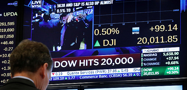 A screen shows the Dow Jones Industrial Average after it passes the 20,000 mark shortly after the opening of the trading on the floor of the New York Stock Exchange (NYSE) in New York, U.S., January 25, 2017. REUTERS/Brendan McDermid ORG XMIT: NYK503