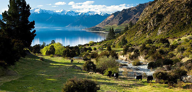 O Lake Hawea Lake Hawea Station, uma propriedade de 4.605 hectares em Central Otago, Nova Zelândia