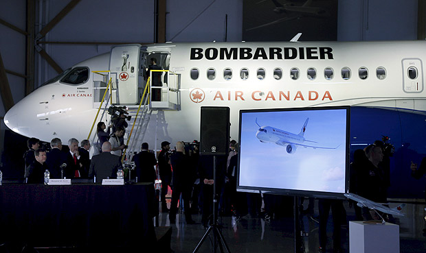 A Bombardier CSeries100 aircraft is seen during a news conference in Montreal, February 17, 2016. REUTERS/Christinne Muschi ORG XMIT: CMU06