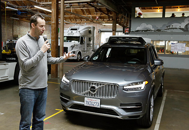 FILE - In this Dec. 13, 2016, file photo, Anthony Levandowski, head of Uber's self-driving program, speaks about their driverless car in San Francisco. Uber has followed through on threats to fire Levandowski, a star autonomous car researcher whose hiring touched off a bitter legal fight with Waymo, the former self-driving car arm of Google. Waymo has alleged that Levandowski downloaded 14,000 documents containing trade secrets before he founded a startup that was purchased by Uber. (AP Photo/Eric Risberg, File) ORG XMIT: NYBZ270