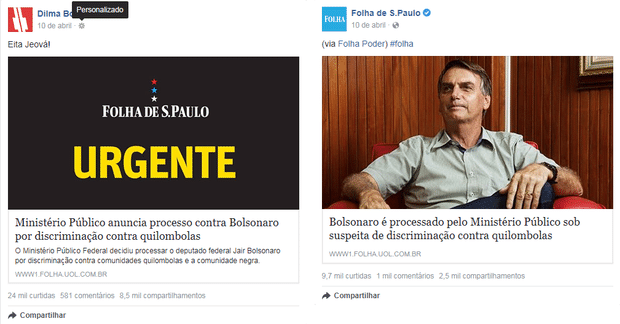 esquerda, publicao da pgina "Dilma Bolada" que alterou a imagem original de publicao da Folha;  direita, a publicao na pgina do jornal
