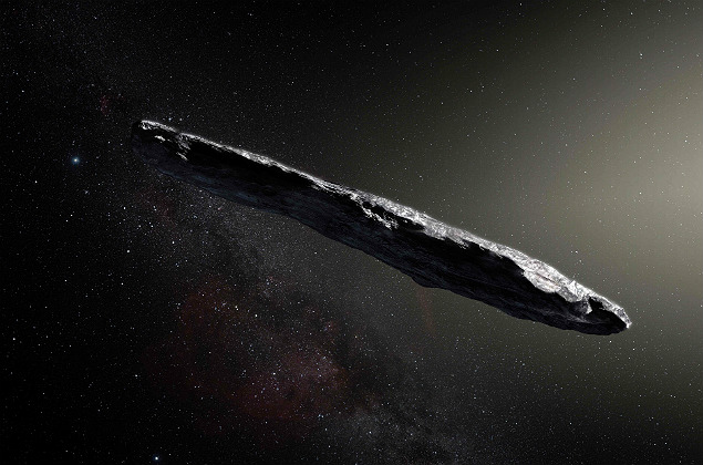 This handout photo released by the European Southern Observatory on November 20, 2017 shows an artist's impression of the first interstellar asteroid: Oumuamua. This unique object was discovered on 19 October 2017 by the Pan-STARRS 1 telescope in Hawaii. Subsequent observations from ESO's Very Large Telescope in Chile and other observatories around the world show that it was travelling through space for millions of years before its chance encounter with our star system. `Oumuamua seems to be a dark red highly-elongated metallic or rocky object, about 400 metres long, and is unlike anything normally found in the Solar System. / AFP PHOTO / European Southern Observatory / M. Kornmesser / RESTRICTED TO EDITORIAL USE - MANDATORY CREDIT "AFP PHOTO / EUROPEAN SOUTHERN OBSERVATORY / M. Kornmesser" - NO MARKETING NO ADVERTISING CAMPAIGNS - DISTRIBUTED AS A SERVICE TO CLIENTS